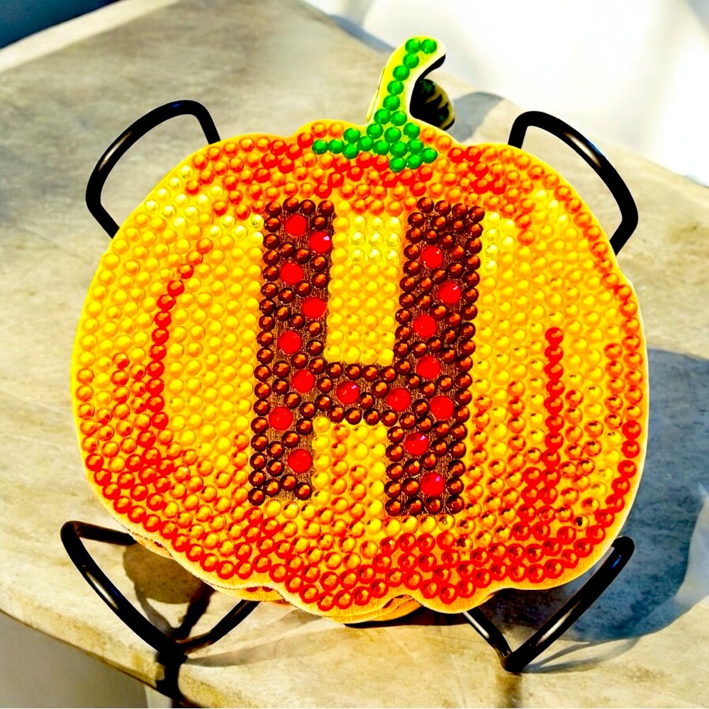 Coaster Set of 9 Halloween Pumpkins Hand Crafted & Sealed with Holder - Picture 3 of 4